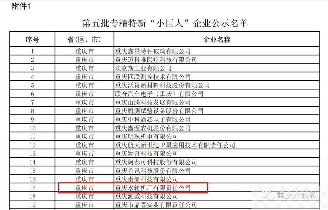 重庆水轮机公司获评国家专精特新“小巨人”企业